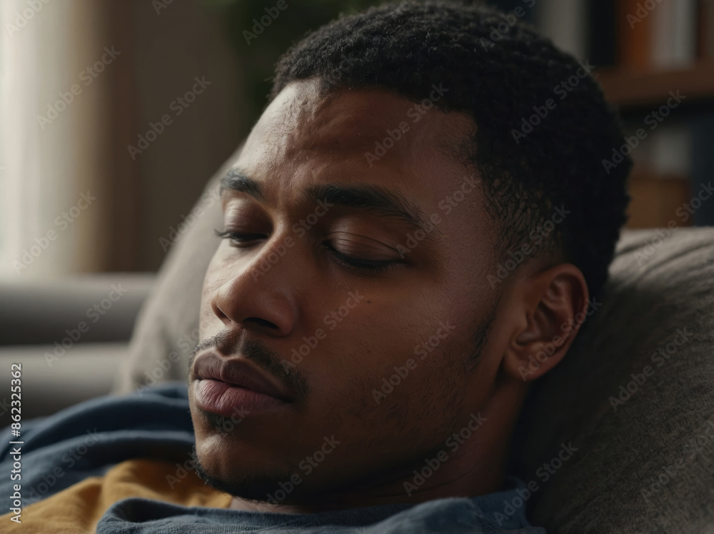 Close up of calm African American young man rest at home daydream or take nap feeling fatigue, exhausted biracial millennial male fall asleep relax in living room, sleeping or taking break. Close up of calm African American young man rest at home daydream or take nap feeling fatigue, exhausted biracial millennial male fall asleep relax in living room, sleeping or taking break.