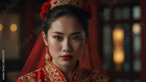 Chinese bride in traditional red wedding dress.