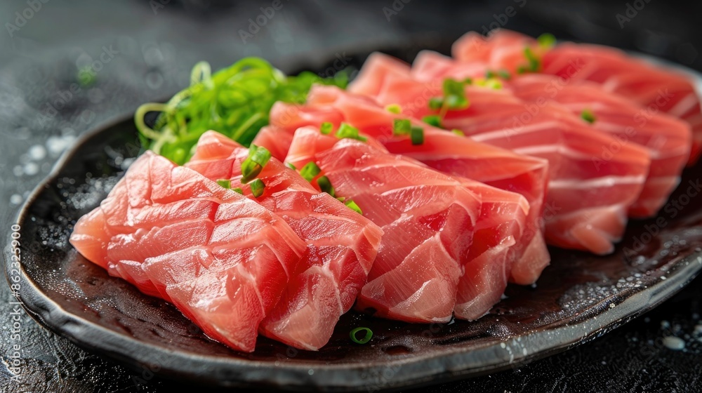 Sliced Sashimi Tuna Artfully Arranged on a Dark Platter Showcasing the Premium and Freshness of this Japanese Culinary Delicacy for an Elegant Fine Dining Experience Sliced Sashimi Tuna Artfully Arranged on a Dark Platter Showcasing the Premium and Freshness of this Japanese Culinary Delicacy for an Elegant Fine Dining Experience