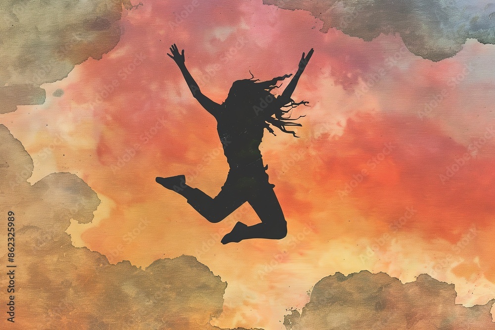 Happy woman jumping and sunset silhouette Happy woman jumping and sunset silhouette