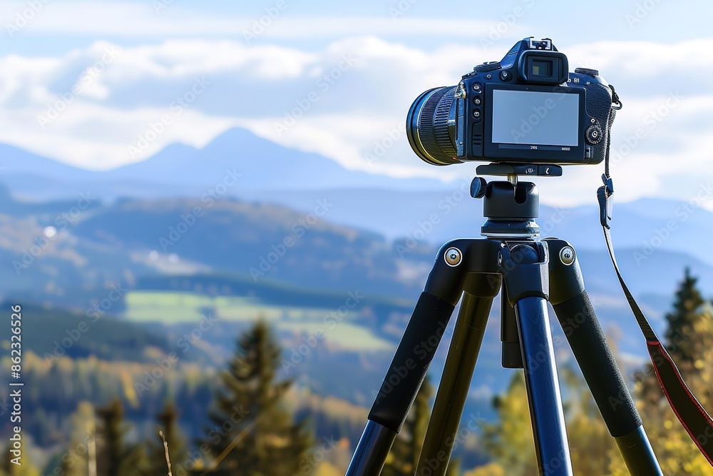Taking video with modern camera on tripod in mountains Taking video with modern camera on tripod in mountains