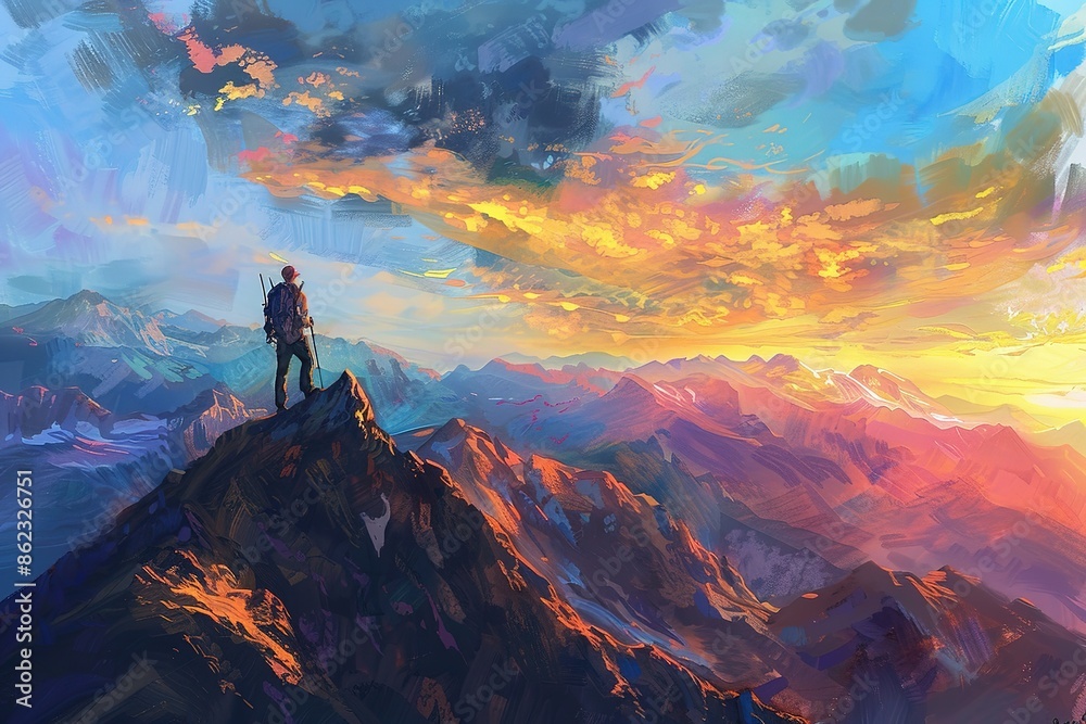 Silhouette of Nature photographer in the action on top under sunlight. climber Man under a fantastic colorful clouds, landscape at Sunset. Silhouette of Nature photographer in the action on top under sunlight. climber Man under a fantastic colorful clouds, landscape at Sunset.
