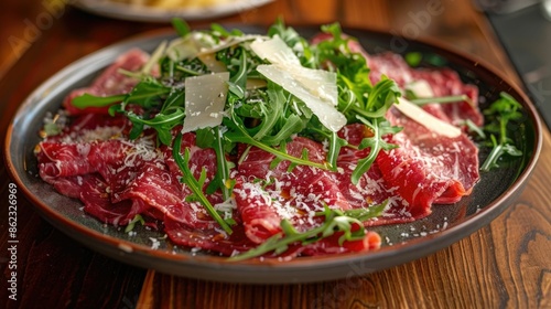 Beautifully Presented Gourmet Beef Carpaccio Platter Garnished with Fresh Arugula Leaves and Shaved Parmesan Cheese Showcasing a Luxury Dining Experience