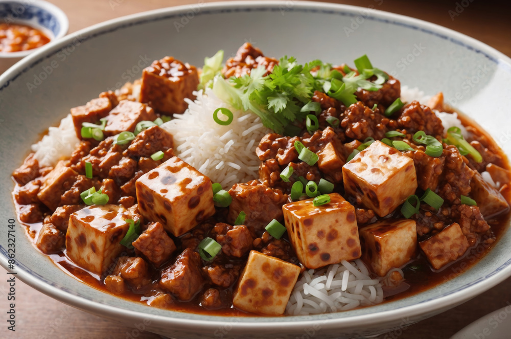 Plate of mapo tofu with rice popular chinese dish with ground meat and spicy sauce Plate of mapo tofu with rice popular chinese dish with ground meat and spicy sauce