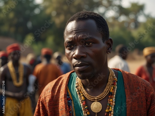 African man in traditional dress holding a cellphone.