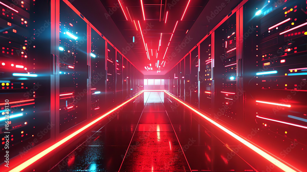 Photographic style image of a modern server room with glowing data streams and advanced information technology equipment Photographic style image of a modern server room with glowing data streams and advanced information technology equipment