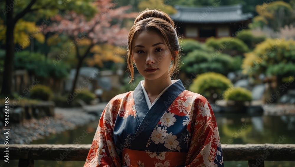 Attractive girl wearing traditional japanese kimono in Japanese-style garden in kyoto, Japan. Attractive girl wearing traditional japanese kimono in Japanese-style garden in kyoto, Japan.