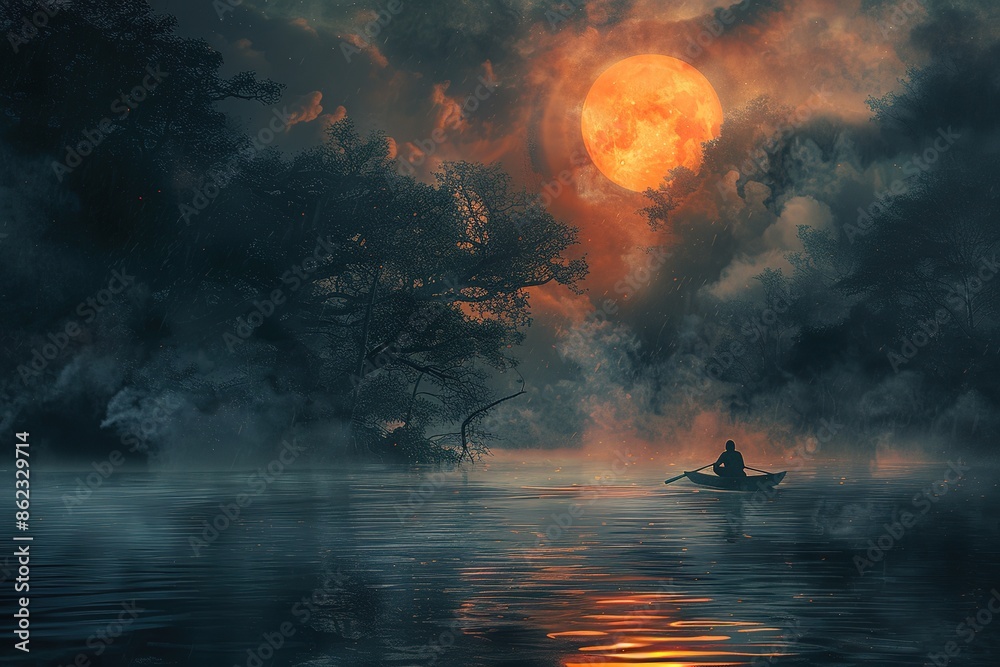 Solitary boat drifts across the ocean, enveloped in a surreal red atmosphere. 
