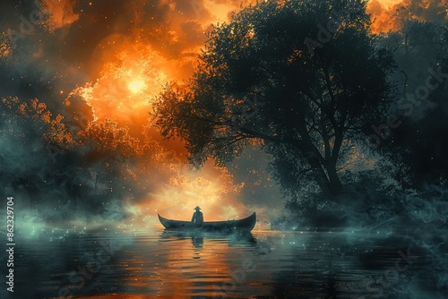 Solitary boat drifts across the ocean, enveloped in a surreal red atmosphere. 