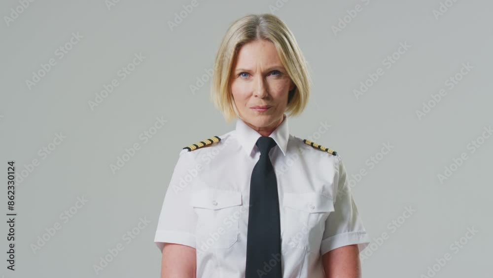 Serious mature female airline pilot or ship captain wearing uniform in ...