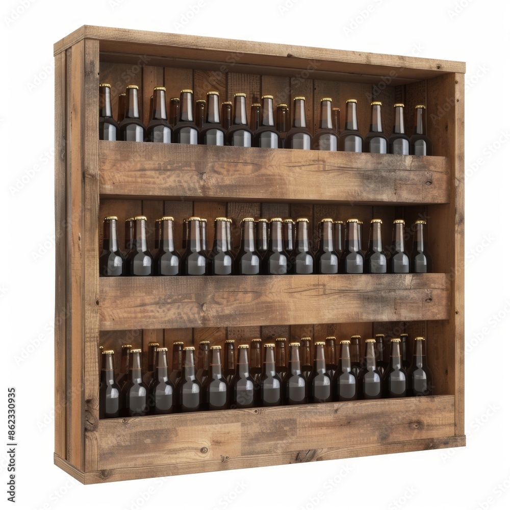 Craft Beer Shelf Wooden Storage Element Realistic Rendering Isolated on White Background