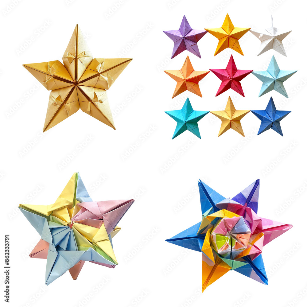 Set of Star Origami Paper on Transparent Background