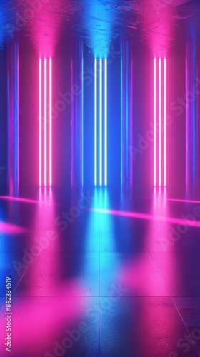 Neon lights in modern corridor with pink and blue lighting, futuristic concept