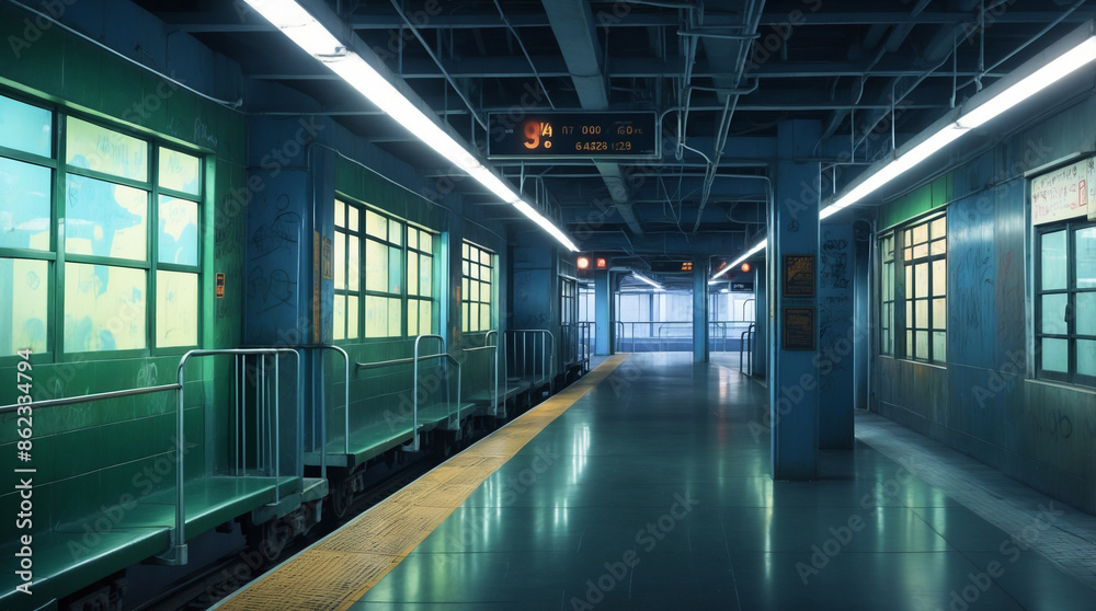 Underground Subway Station: Dim lighting, tiled walls, graffiti, and an air of urban decay with trains arriving and departing. Suitable for urban, gritty scenes or moments of suspense. Underground Subway Station: Dim lighting, tiled walls, graffiti, and an air of urban decay with trains arriving and departing. Suitable for urban, gritty scenes or moments of suspense.