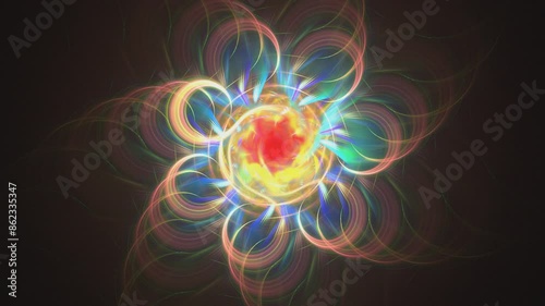 Iridescent shining background with fractal spheres, spiraliform circles changes on black background. Rhythmical motion and spin of abstract curved flower colorful shapes. 4K UHD 4096x2304 photo