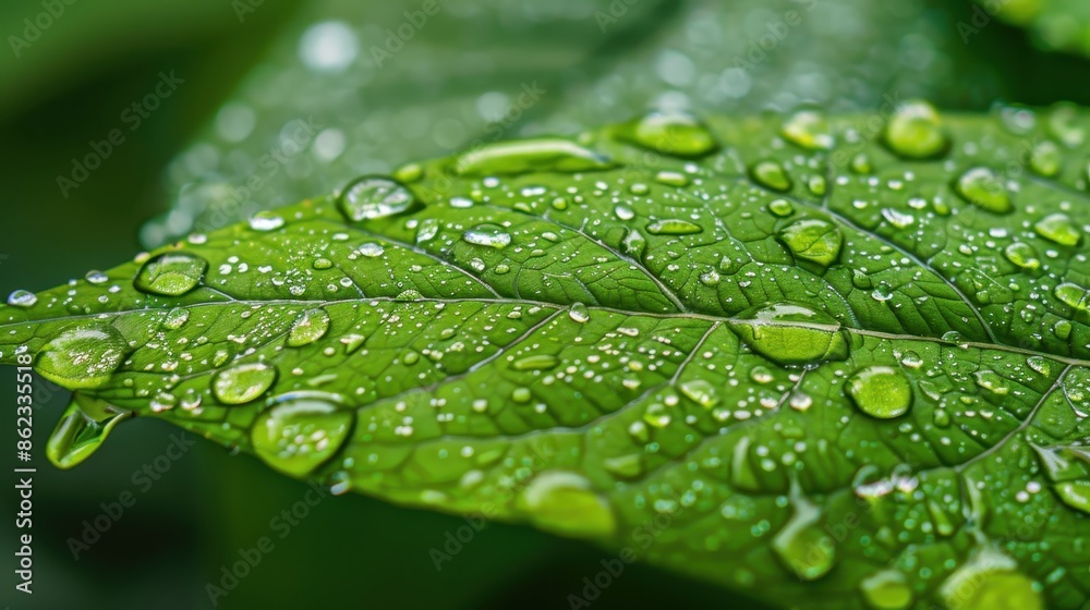 Close-up of Fresh Green Leaf with Water Droplets After Rainfall, Showcasing Natural Beauty and Texture Close-up of Fresh Green Leaf with Water Droplets After Rainfall, Showcasing Natural Beauty and Texture