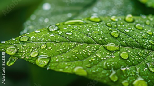 Close-up of Fresh Green Leaf with Water Droplets After Rainfall, Showcasing Natural Beauty and Texture