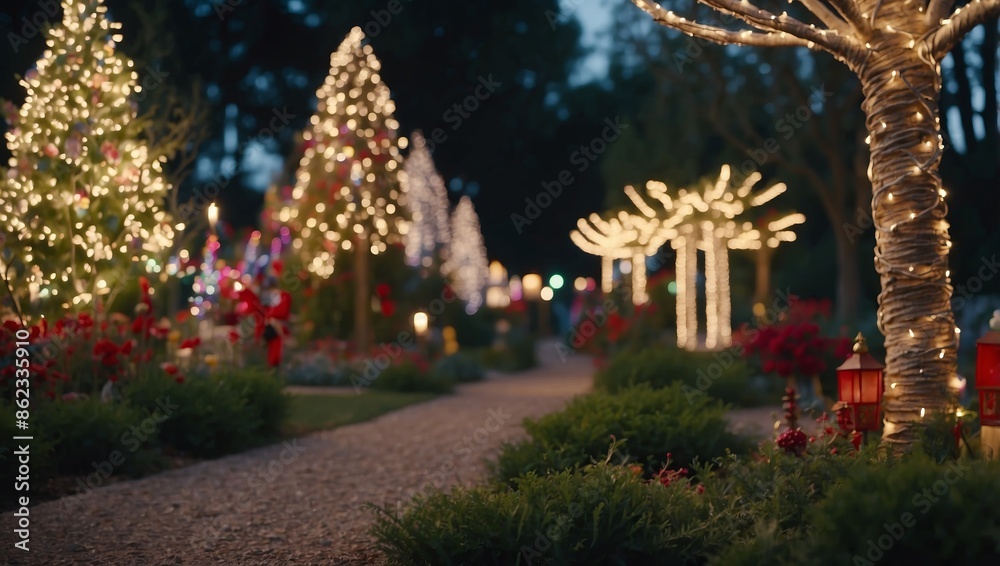 Fototapeta premium A whimsical holiday garden adorned with sparkling lights and whimsical decorations, with winding paths leading past festive displays and illuminated trees,.