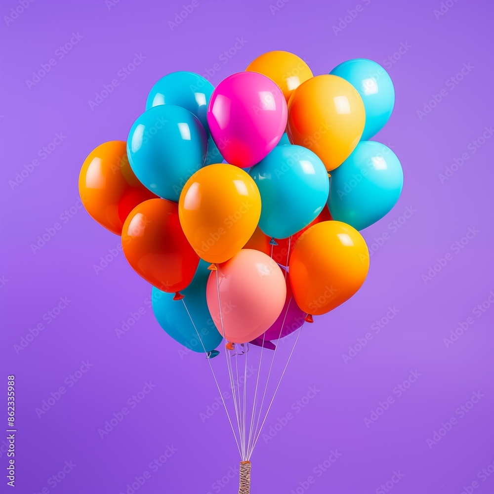 Bunch of colorful balloons on a purple background. Concept of celebration, party, joy, and happiness. Bunch of colorful balloons on a purple background. Concept of celebration, party, joy, and happiness.