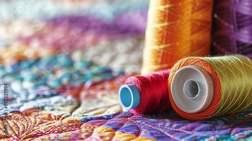 Close-up of colorful sewing threads and quilt fabric background, highlighting the vibrant hues used in quilting and textile arts.