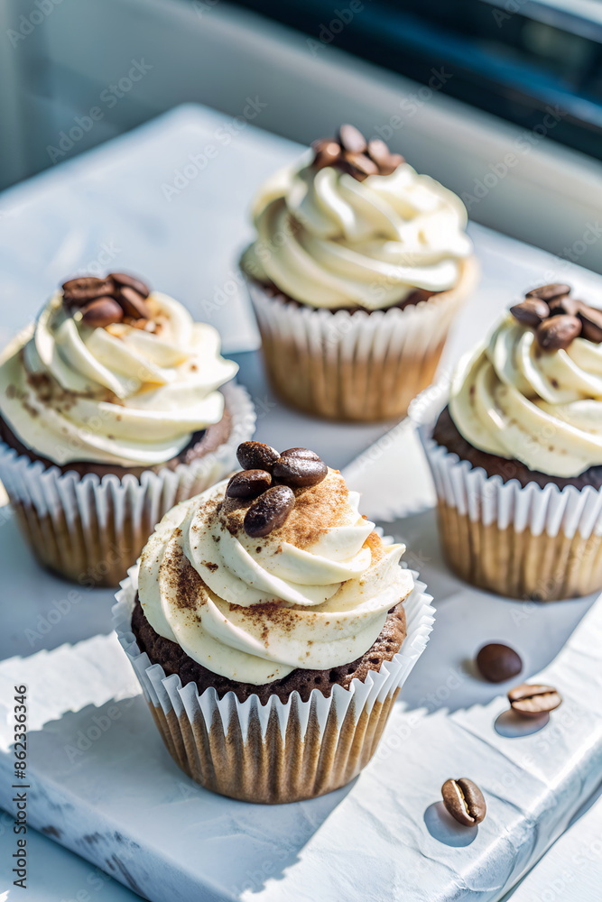 Cupcakes with tiramisu flavors topped with mascarpone cream on light background Cupcakes with tiramisu flavors topped with mascarpone cream on light background