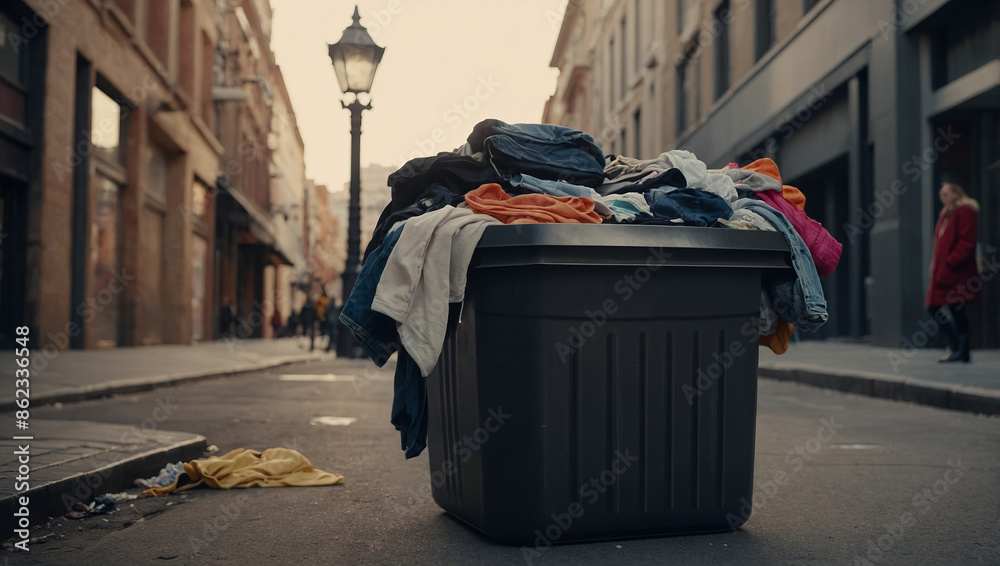 Fast fashion concept with a trash can full of clothes.