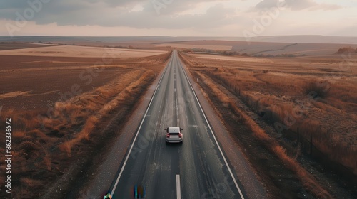 Aerial View of a Car Driving on a Long, Straight Road Through a Vast, Open Countryside at Sunset