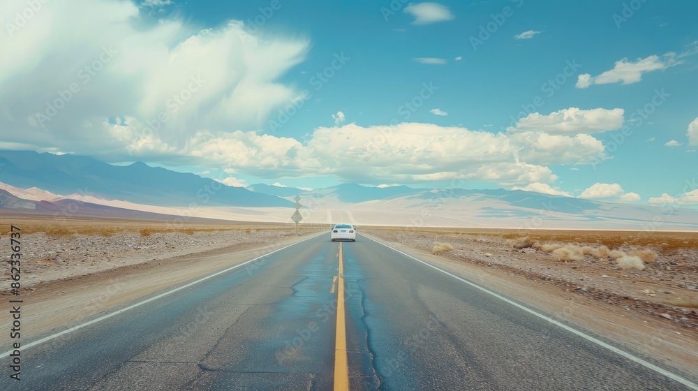 Desert Highway with Car Under Blue Sky and Clouds, Scenic Road Trip Adventure Desert Highway with Car Under Blue Sky and Clouds, Scenic Road Trip Adventure