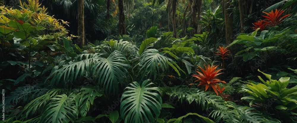 Fototapeta premium Amidst the canopy of tropical plants, a kaleidoscope of colors unfolds, inviting you to immerse yourself in the beauty of nature from a new vantage point.
