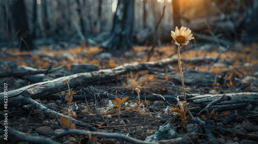Solitary sunflower blooms amidst fallen branches in a dimly lit, autumn forest, symbolizing resilience and hope against a moody backdrop. Solitary sunflower blooms amidst fallen branches in a dimly lit, autumn forest, symbolizing resilience and hope against a moody backdrop.