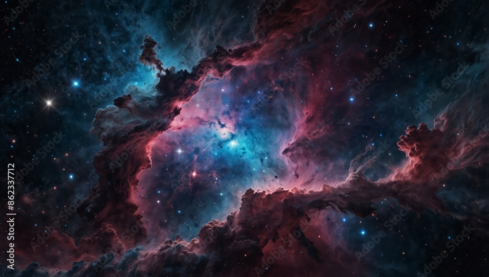 Fototapeta premium A vibrant cosmic scene with a nebula, stars, and interstellar clouds in various hues of blue and pink, depicting the beauty of outer space.