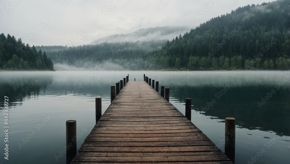 A quiet lake with a wooden pier disappears into mist. A quiet lake with a wooden pier disappears into mist.
