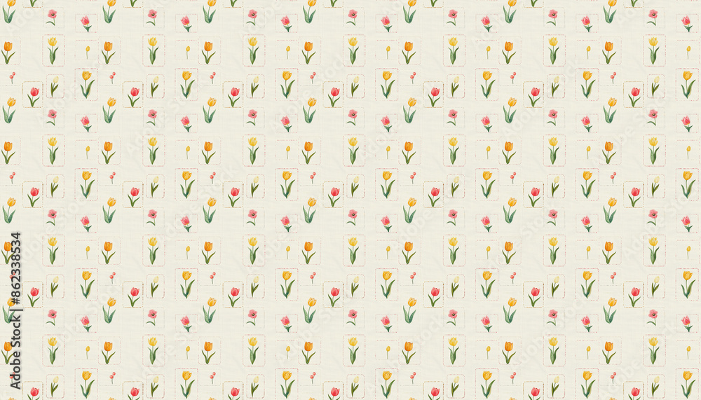 A pattern that features small squares in grids in pastel colors on white linen fabric, each grid contains one tulip from various varieties A pattern that features small squares in grids in pastel colors on white linen fabric, each grid contains one tulip from various varieties