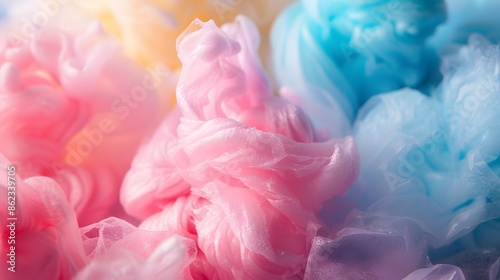 cotton candy floss in pastel rainbow soft spun sugar color sweet candy in plastic bags for background, close up photo