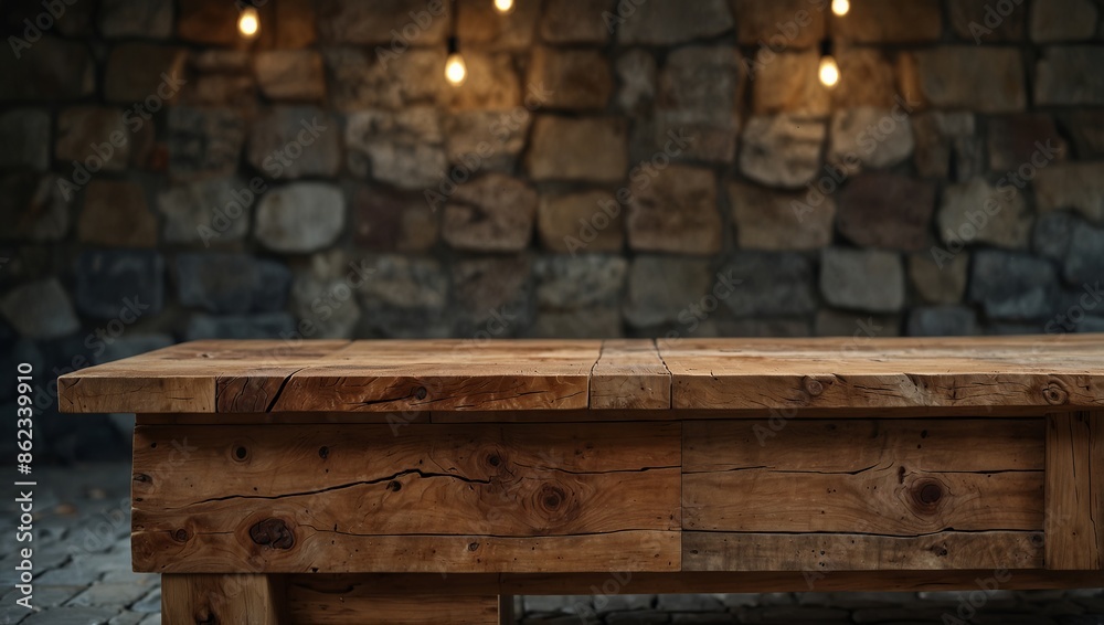 Wooden table on wild stone cladding wall background, rustic lounge area interior design. Wooden table on wild stone cladding wall background, rustic lounge area interior design.
