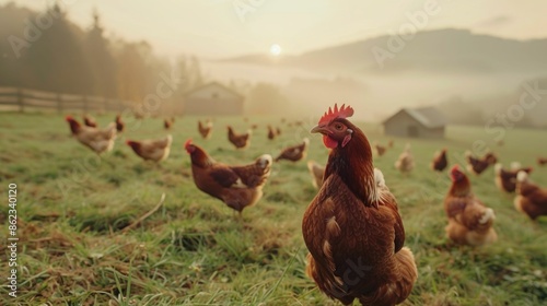 Peaceful Outdoor Scene of Free range Organic Chickens Grazing in Lush Green Meadow with Mountainous Landscape and Misty Sunrise or Sunset Sky