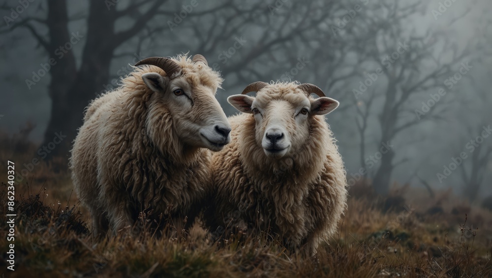Two lost sheep cuddling in fog Suitable to add text. Two lost sheep cuddling in fog Suitable to add text.