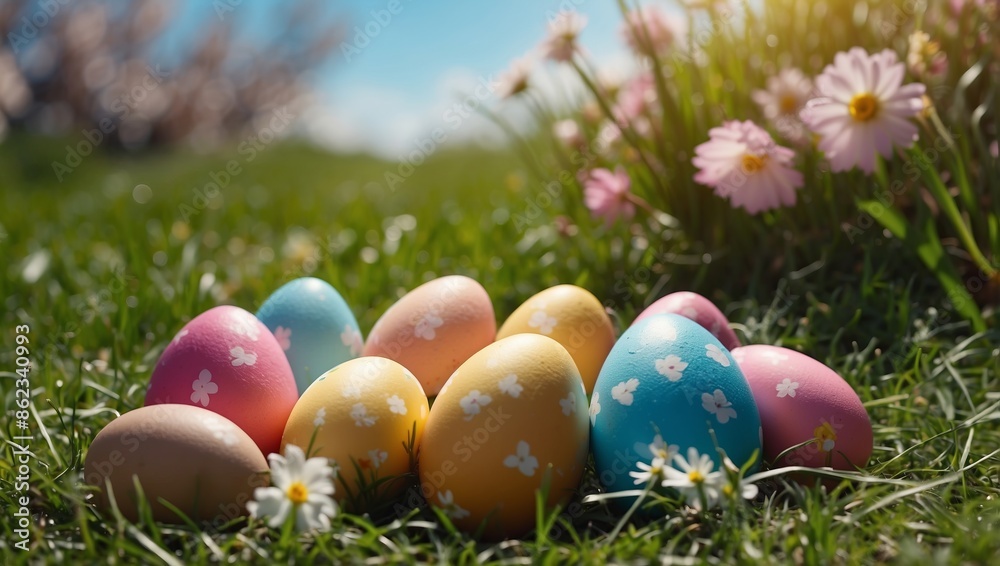 Happy Easter Banner Illustration flat, Colorful Easter eggs on grass with flowers on a sunny spring day - Easter decoration, banner, panorama, background with copy space for text. Happy Easter Banner Illustration flat, Colorful Easter eggs on grass with flowers on a sunny spring day - Easter decoration, banner, panorama, background with copy space for text.