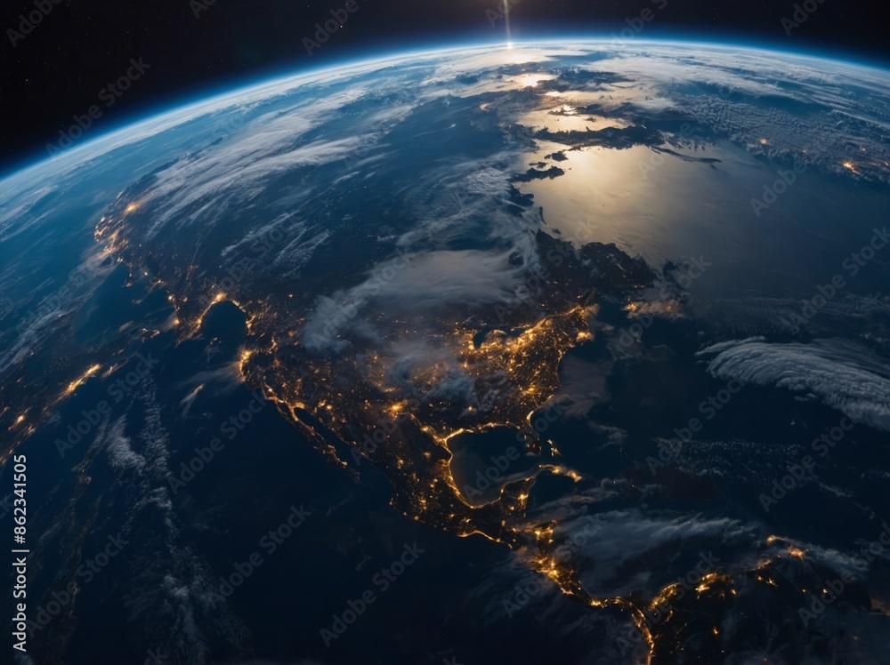 Stunning blue sunrise view of Earth from space, showcasing the beauty and majesty of our planet. Stunning blue sunrise view of Earth from space, showcasing the beauty and majesty of our planet.