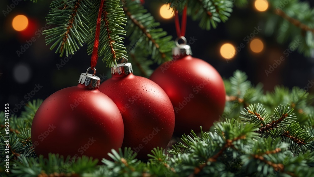 Christmas background with fir branches and red balls.