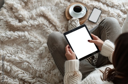 Woman Using Tablet, Sitting on Fluffy Rug With a Cup of Coffee