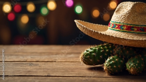 Cinco de Mayo holiday background with Mexican cactus, party sombrero hat and maracas on wooden table.