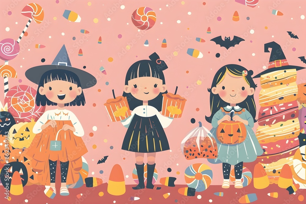 trick or treat, worms-eye view of children dressed in Halloween costumes, holding candy bags, surrounded by towering candy corn and lollipops, cheerful and playful atmosphere, bright pastel colors trick or treat, worms-eye view of children dressed in Halloween costumes, holding candy bags, surrounded by towering candy corn and lollipops, cheerful and playful atmosphere, bright pastel colors