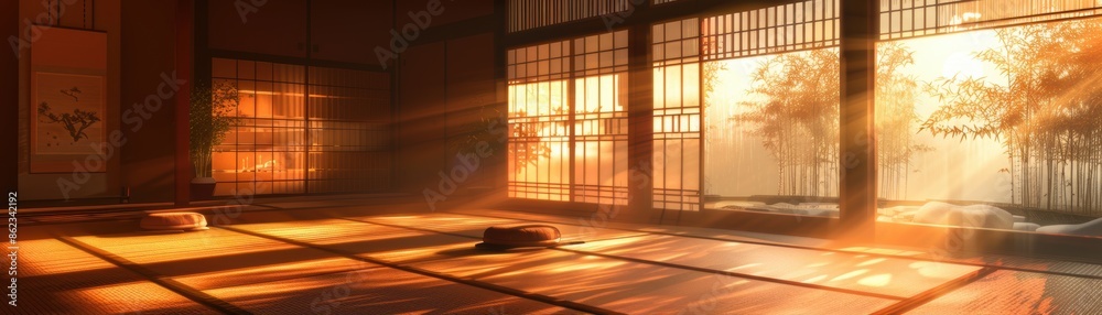Sunlight streams into a serene Japanese tatami room in the morning, casting warm shadows. A peaceful and calming traditional interior ambiance. Sunlight streams into a serene Japanese tatami room in the morning, casting warm shadows. A peaceful and calming traditional interior ambiance.