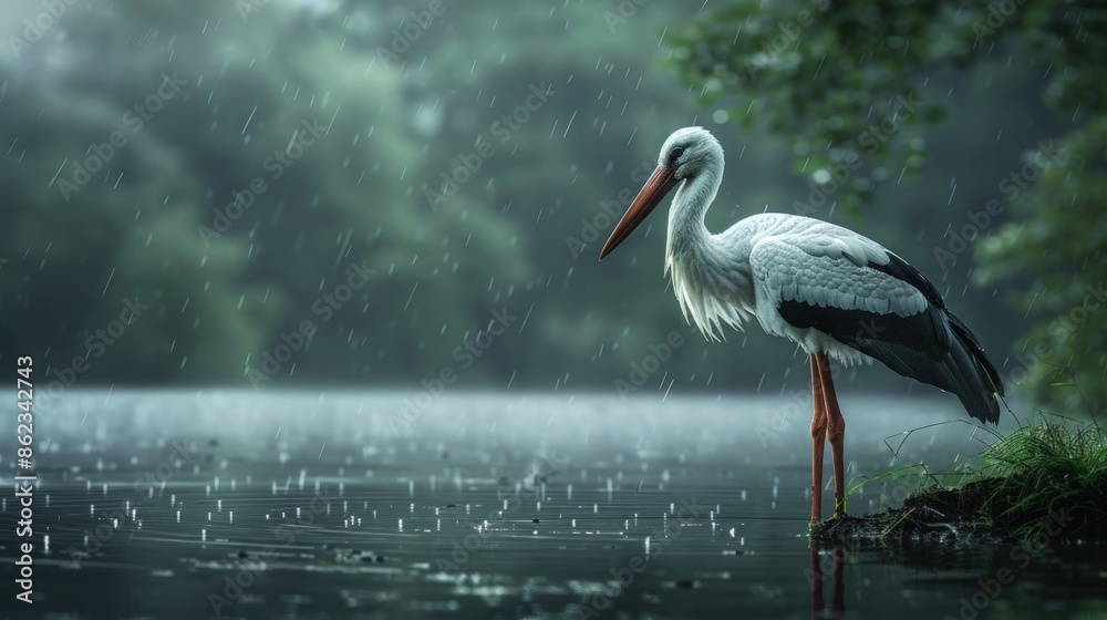 Fototapeta premium A white and black bird standing in a body of water. Generate AI image