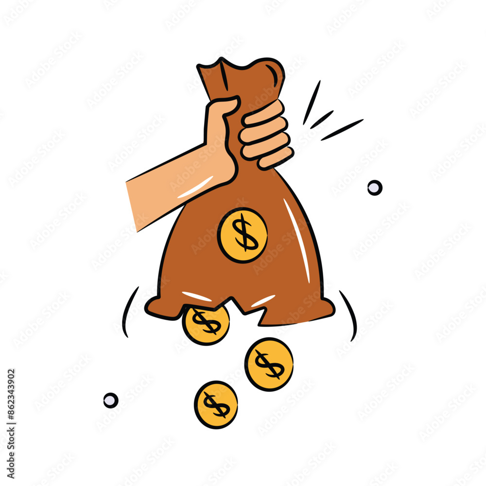 Hand holding torn money bag, dollar coins falling out of money bag, concept of financial crisis Hand holding torn money bag, dollar coins falling out of money bag, concept of financial crisis