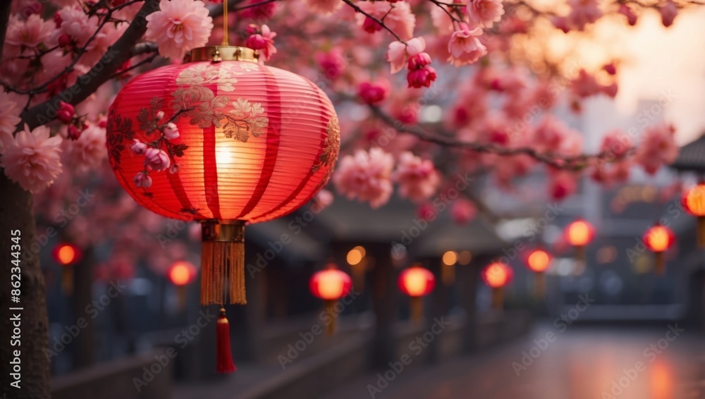 Chinese New Year, Decorative Chinese lantern and sakura blossoms background with copy space. Chinese New Year, Decorative Chinese lantern and sakura blossoms background with copy space.