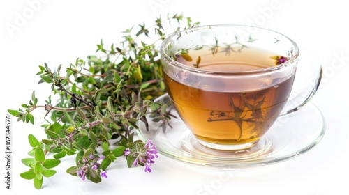 Fresh thyme herbal tea on white background Herbal thyme drink