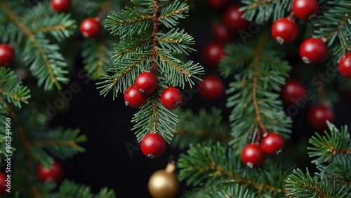 Christmas tree banches and red berries background. © DEER FLUFFY