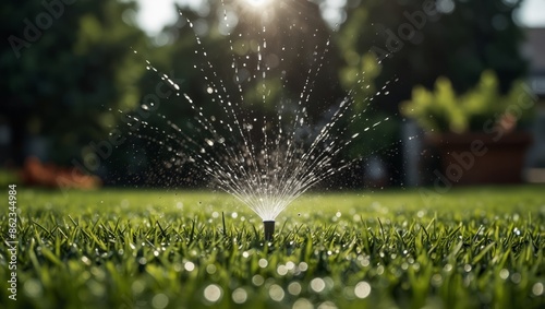 A sprinkler system in action, spraying water onto a lush, green lawn to keep it well-watered and healthy. photo